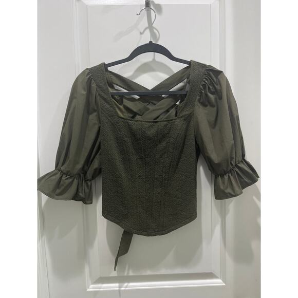 NWT Sunday in Brooklyn Anthropologie Tie-Back Corset Top Puff Sleeve Olive Sz XS - Picture 2 of 8